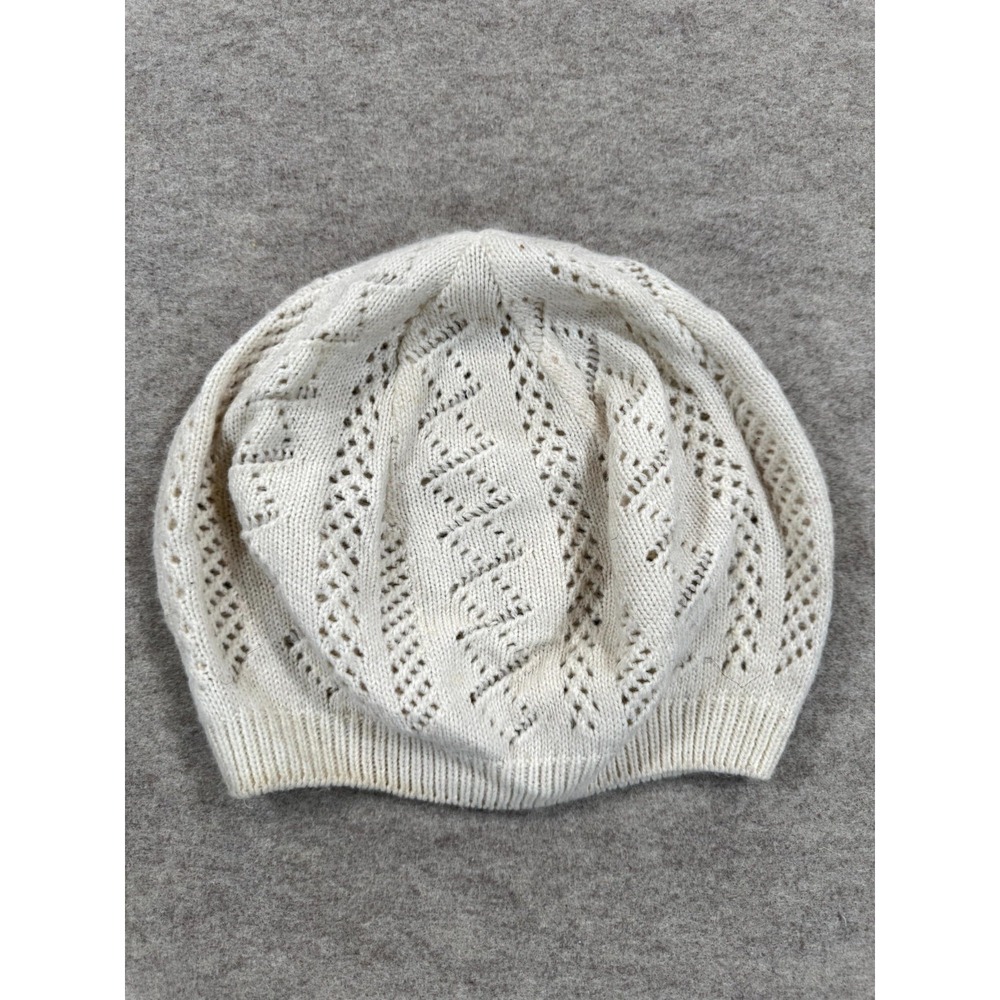 Womens Slouchy Beanie Hat Off White Ribbed Trim Open Knit Acrylic Streetwear